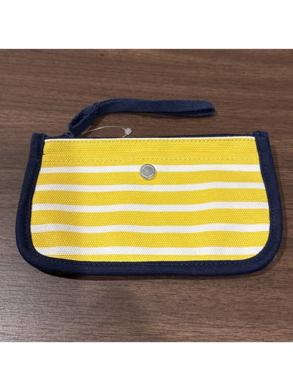 Lands End Womens Nautical Stripe Canvas Zipper Pouch Wristlet Navy Yellow NWOT